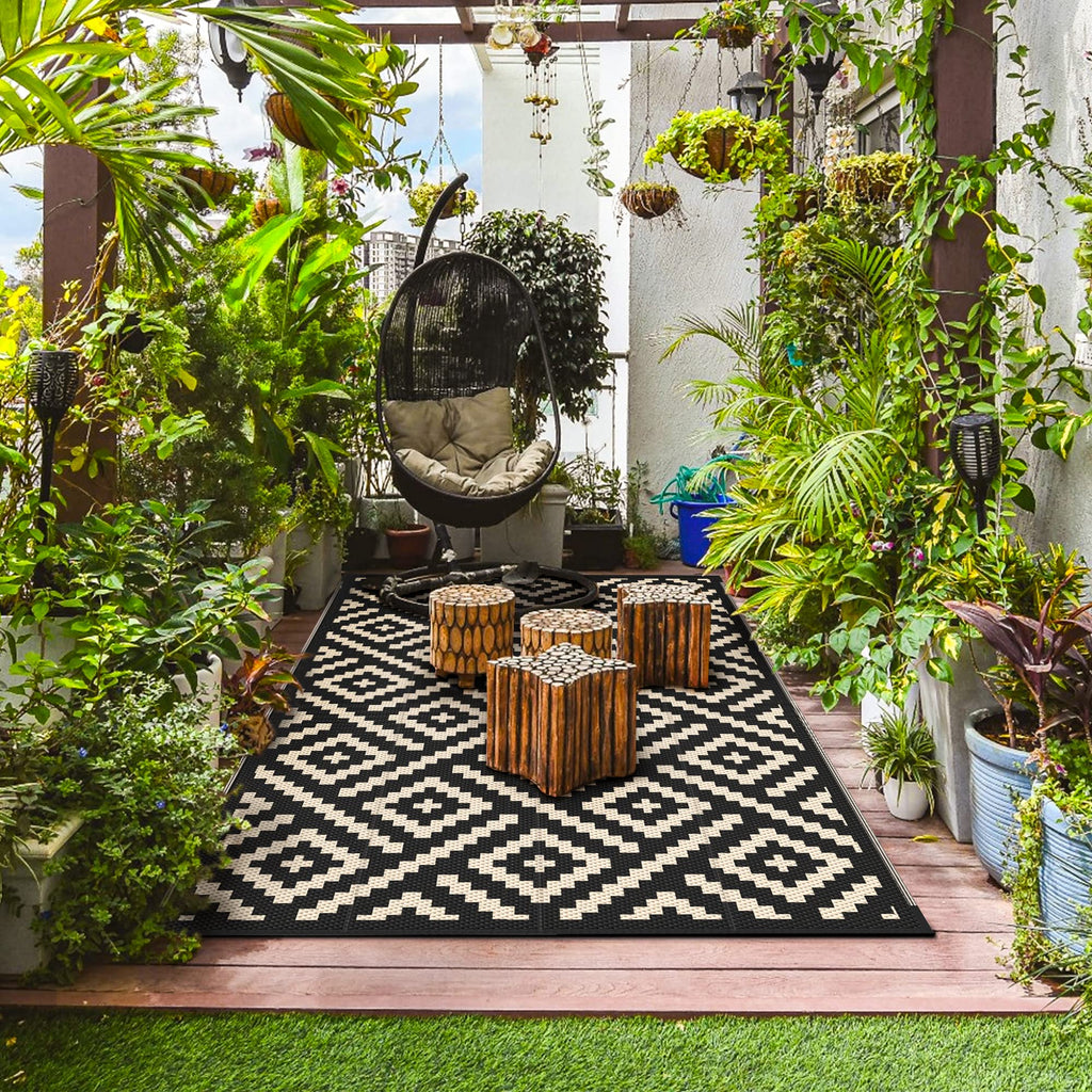 GENIMO Outdoor Rug, Waterproof Plastic Rugs for Patio, 8'x10' Black Beige