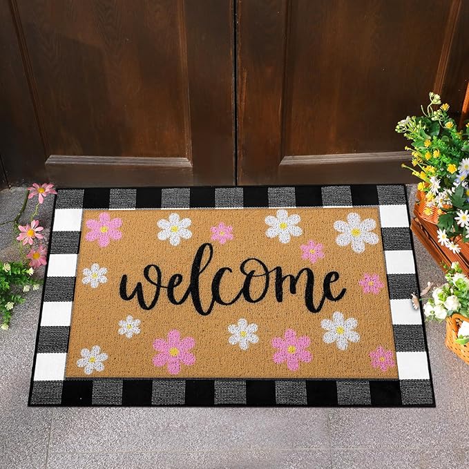 Tinideya 2 Pcs Spring Door Mat Outdoor Layerd Pink Flower Welcome Mat