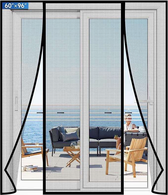 LONGEAS Magnetic Screen Door Upgraded PET Mesh Stronger Than Fiberglass and Polyester,Hands Free,Keeps Bugs Out,Pet & Kid Friendly,Suitable for Sliding Door,Large Patio Door and French Door-60''x96''
