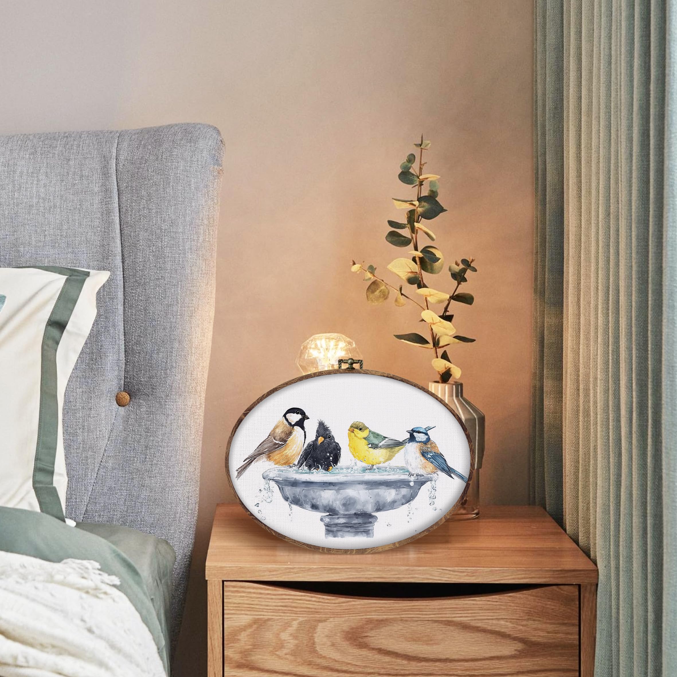 DILSJ Bird Oval Wall Art Decor, Country Bird Bath Canvas Wall Art Framed, Rustic Watercolor Birds Hanging Decorations for Bathroom Washroom Restroom Toilet, 8.5x11 Inch