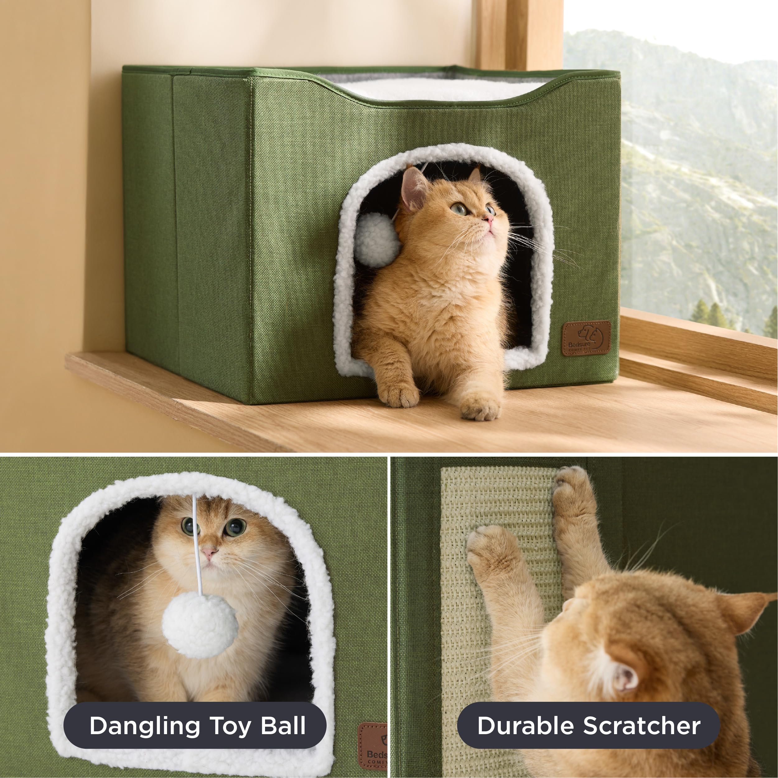 Bedsure Cat House Bed for Indoor Cats with Fluffy Ball and Scratch Pad