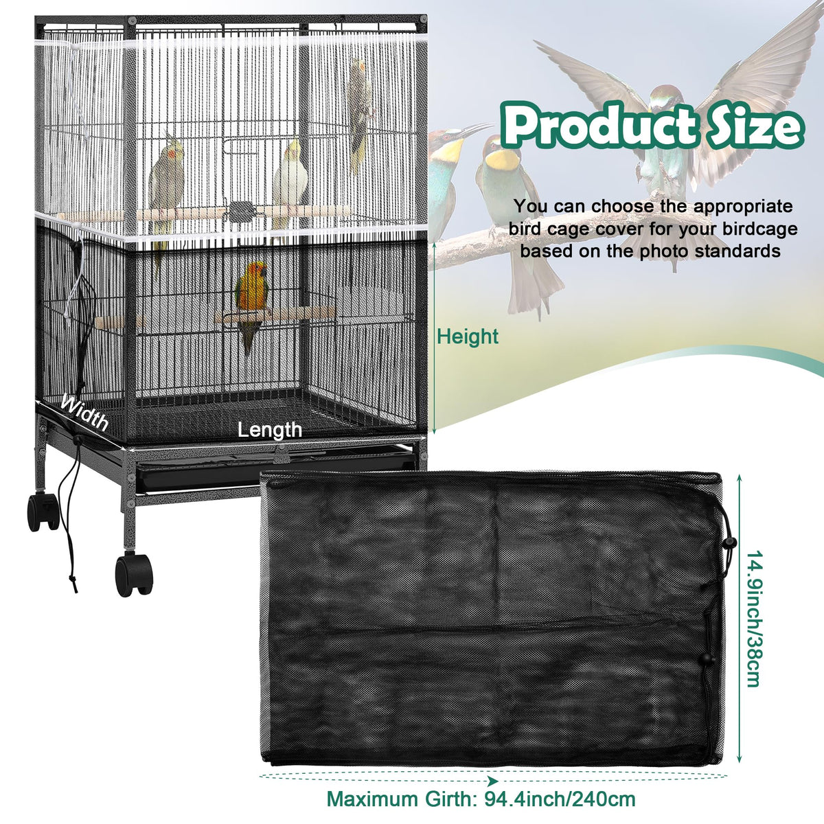 2 Pack Bird Cage Seed Catcher Guard, Adjustable Bird Cage Mesh Net Cover