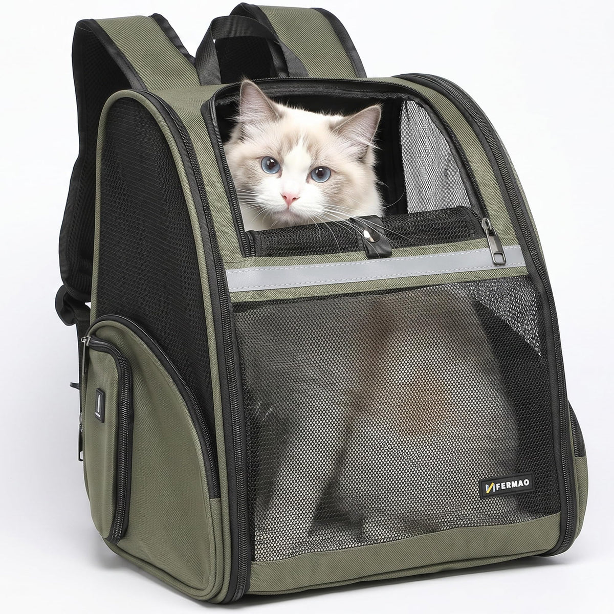 Cat Backpack Carrier for Small Dogs and Medium cat Puppy Kitten Bunny Pet Carrier Backpack Collapsible with Fully Ventilated Mesh with Safety Leash (Khaki, 12.9" L x 10.62" W x 15.5" H - M)