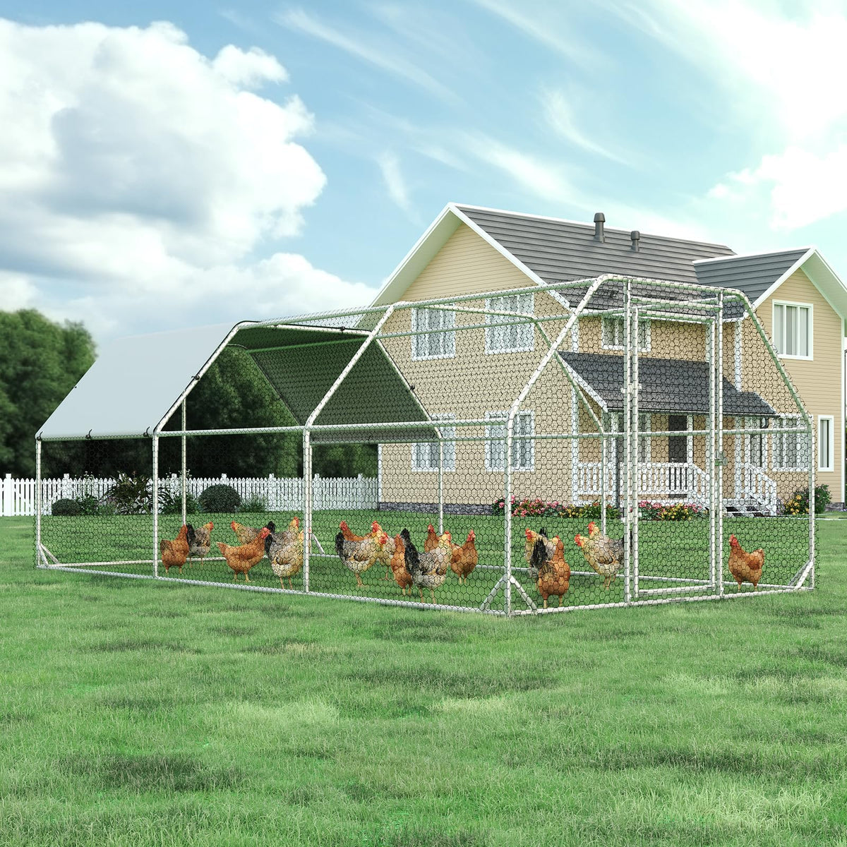 4ever2buy Metal Chicken Coop, 9.2x6.3 FT Walk-in Chicken Run Pen Poultry Cage, Water-Resistant & Anti-UV Cover, Large Chicken Coop for 6-8 Chickens