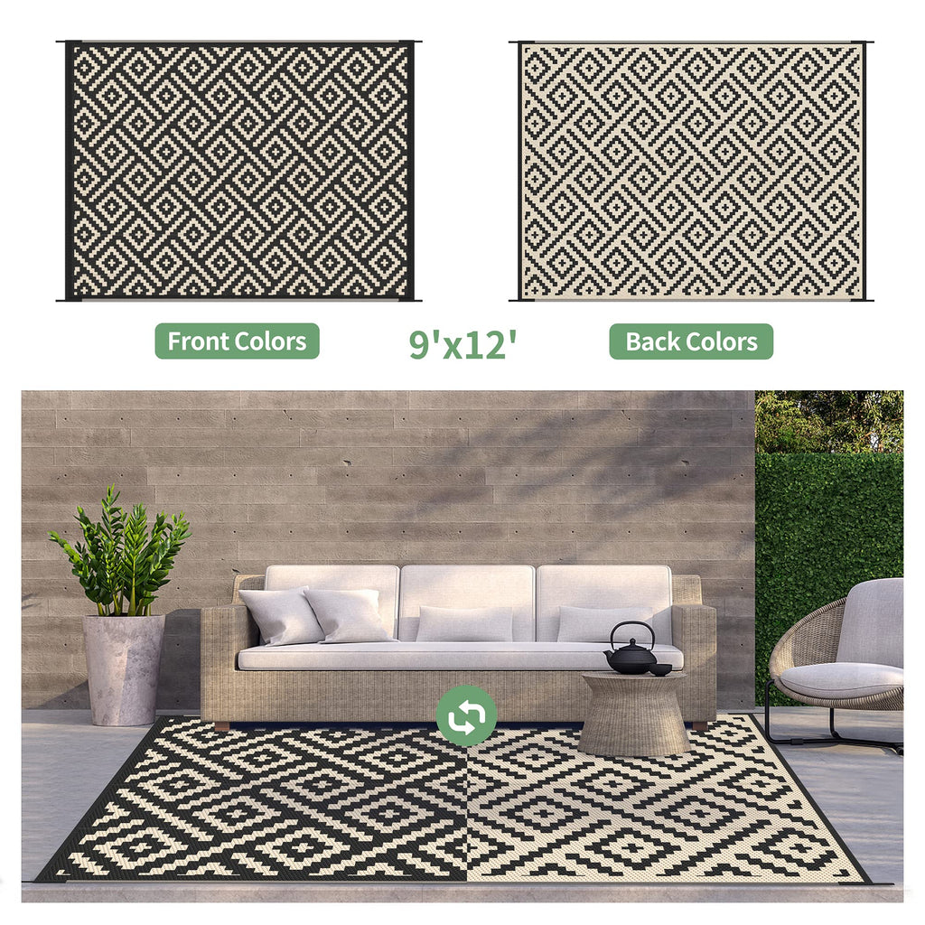 GENIMO Outdoor Rug, Waterproof Plastic Rugs 9'x12' for Camping Black Beige