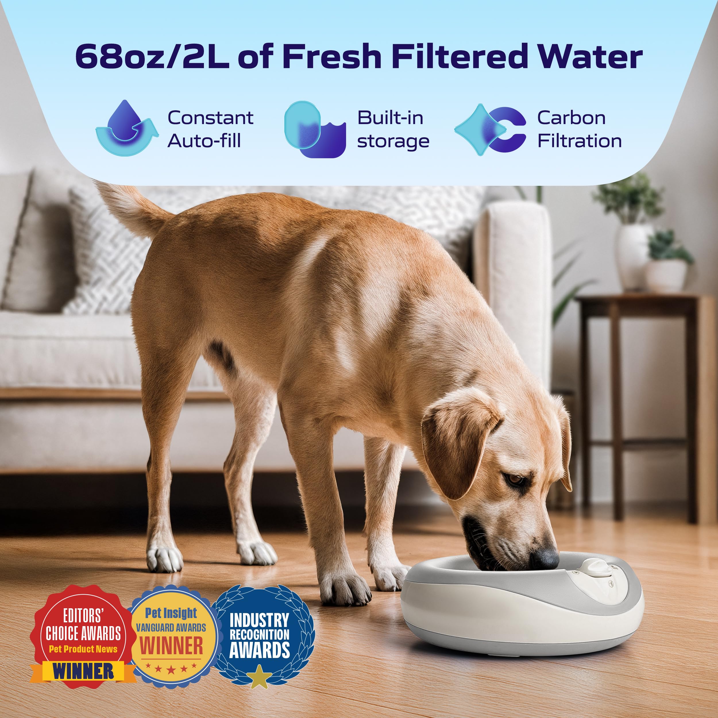 TORUS PET Maxi Filtered Dog Water Bowl, 2L/68oz — No Power or Batteries Needed, Auto-Refill, No Spill, Portable Travel Lock, Carbon Filter, BPA-Free, Dogs & Cats
