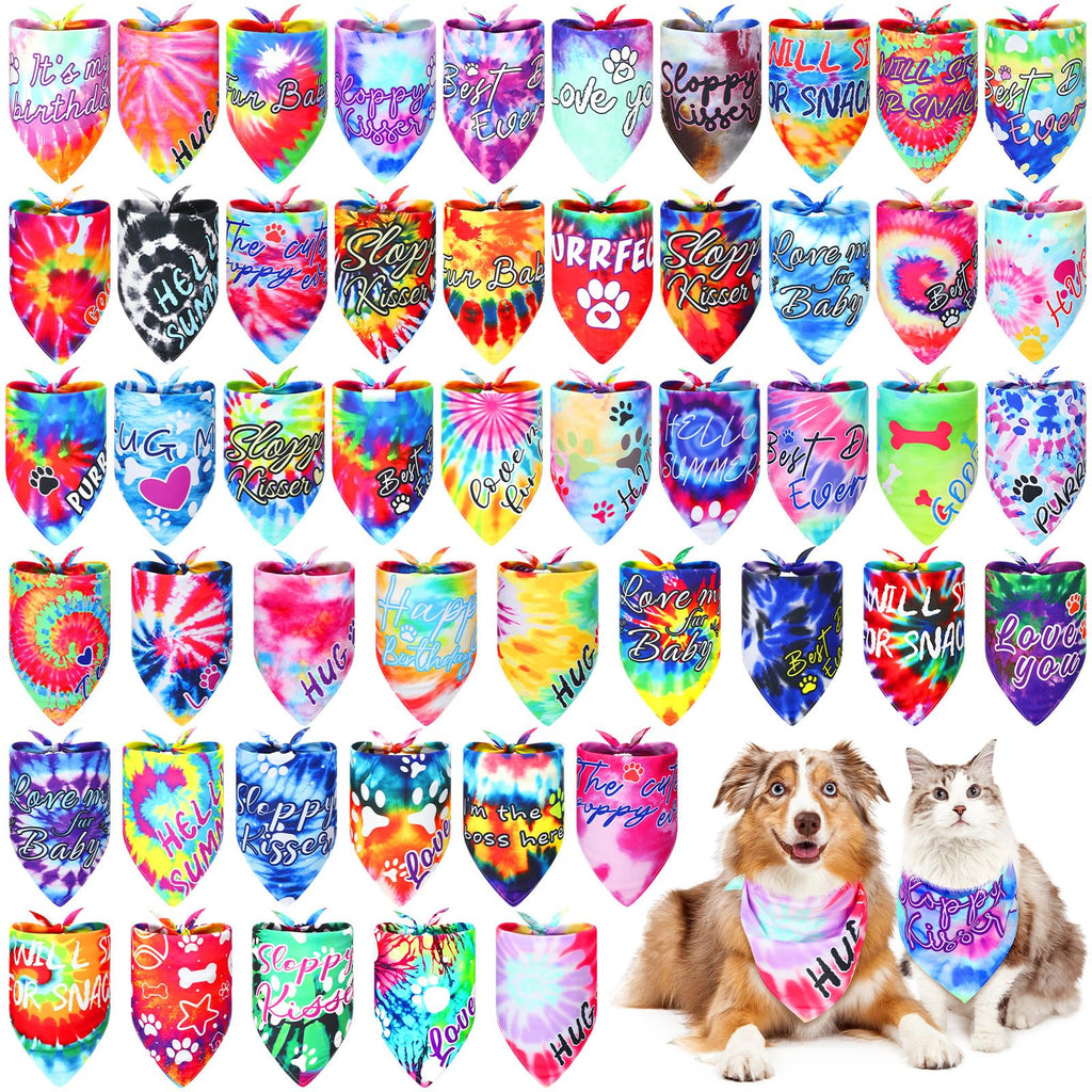 Huhumy 50 Pcs Tie Dye Dog Bandanas Bulk Pet Bibs Colorful Triangle Scarf Tie Dye with Sayings Pet Bandanas for Medium Large Dogs Spring Summer Birthday Costume Decor