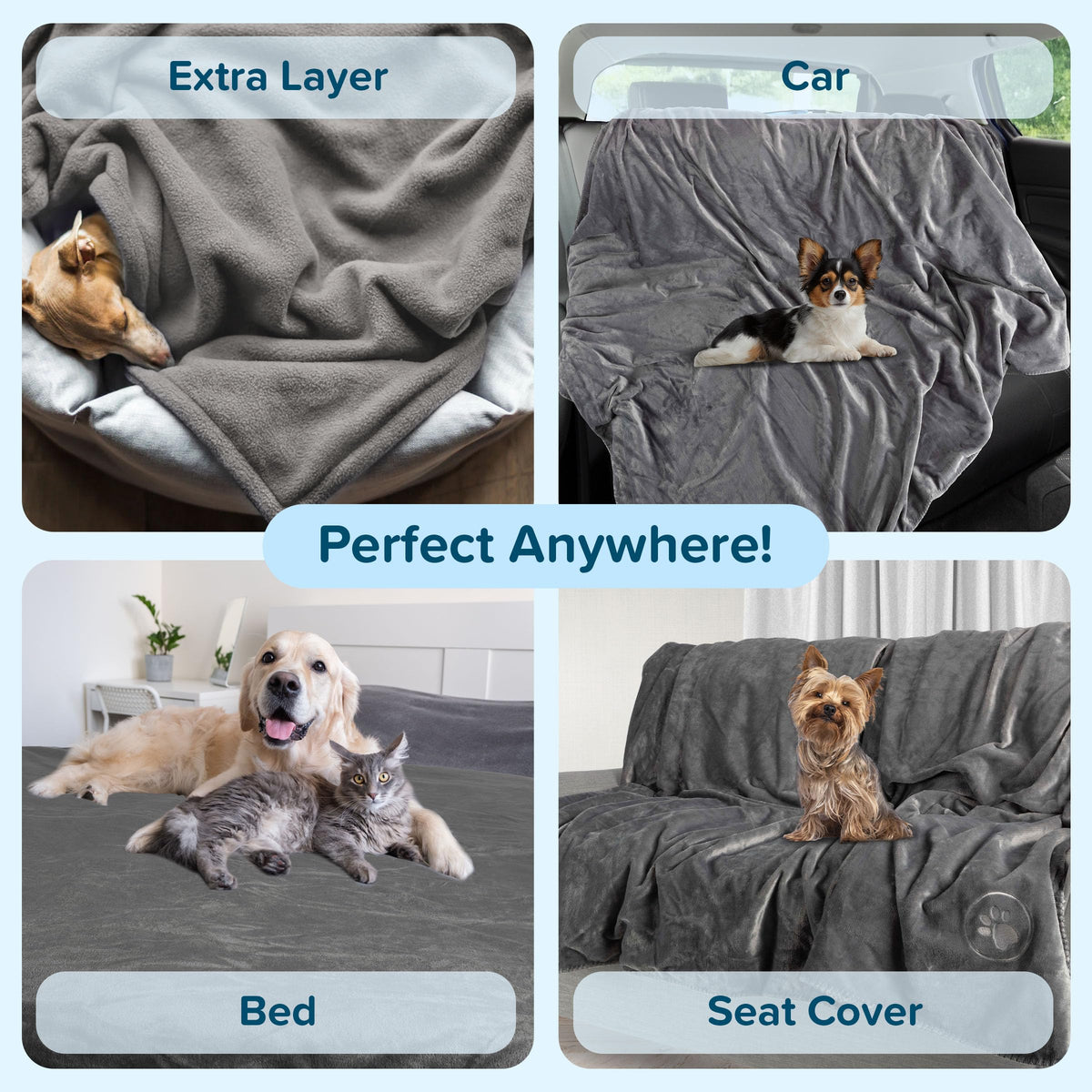 Waterproof Pet Blanket - 30x40-Inch Reversible Sherpa Fleece Throw Protects Couches, Cars, and Beds from Spills, Stains, and Fur by PETMAKER (Gray)
