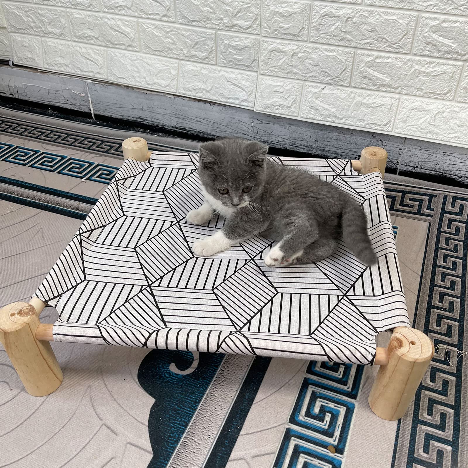 Pozico Cat/Dog Bed Hammock - Wooden Raised Indoor/Outdoor Beds - Breathable Mesh for Small Animals - White Diamond