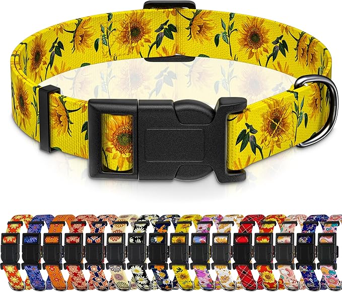 Seyezo Dog Collar, Floral Boys Girls Puppy Collar, Adjustable Soft Pet Collar with Safety Buckle for Small Medium Large Dogs (Yellow Sunflower, XS)