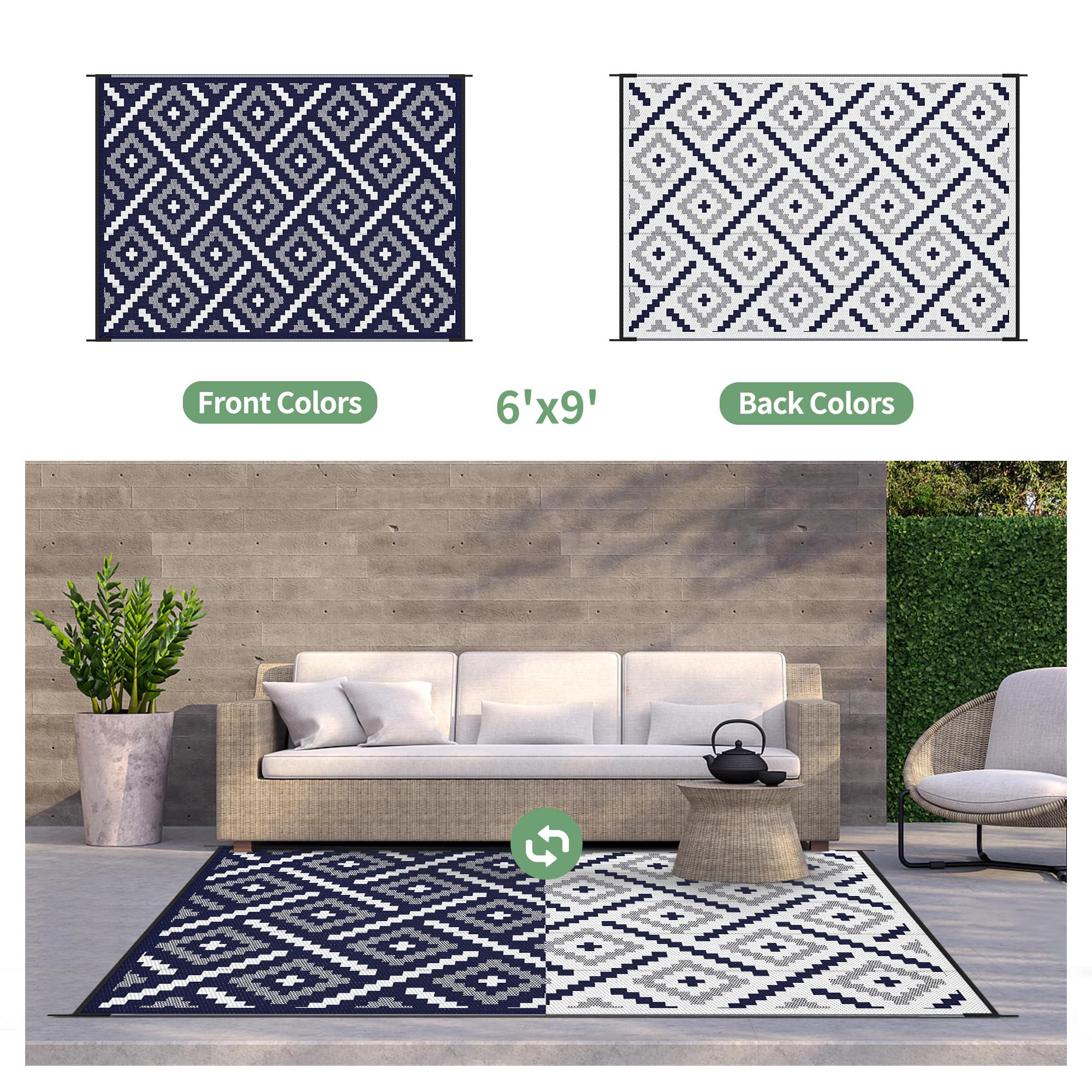 GENIMO Outdoor Rug, Waterproof Plastic Rugs for Patio, 6'x9' Navy Blue