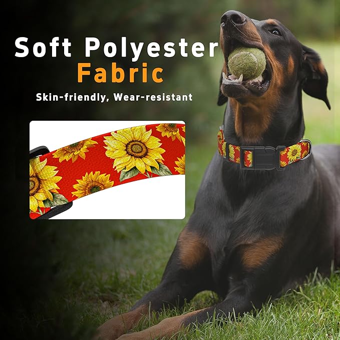 Seyezo Dog Collar, Floral Boys Girls Puppy Collar for Small Medium Large Dogs, Adjustable Soft Pet Collar with Safety Buckle for Male Females (Red Sunflower, S)