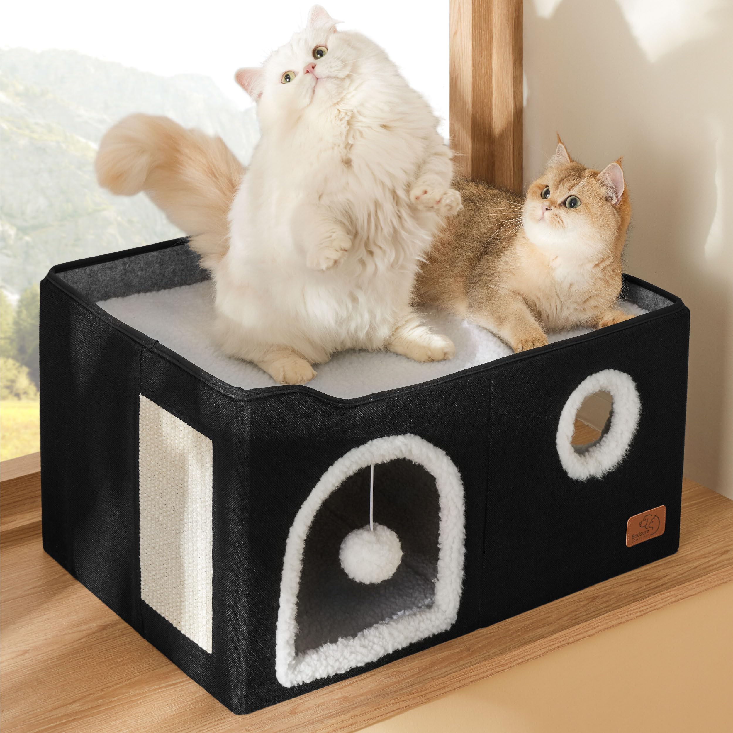 Bedsure Extra Wide Cat House Bed with Fluffy Ball and Scratch Pad,Black