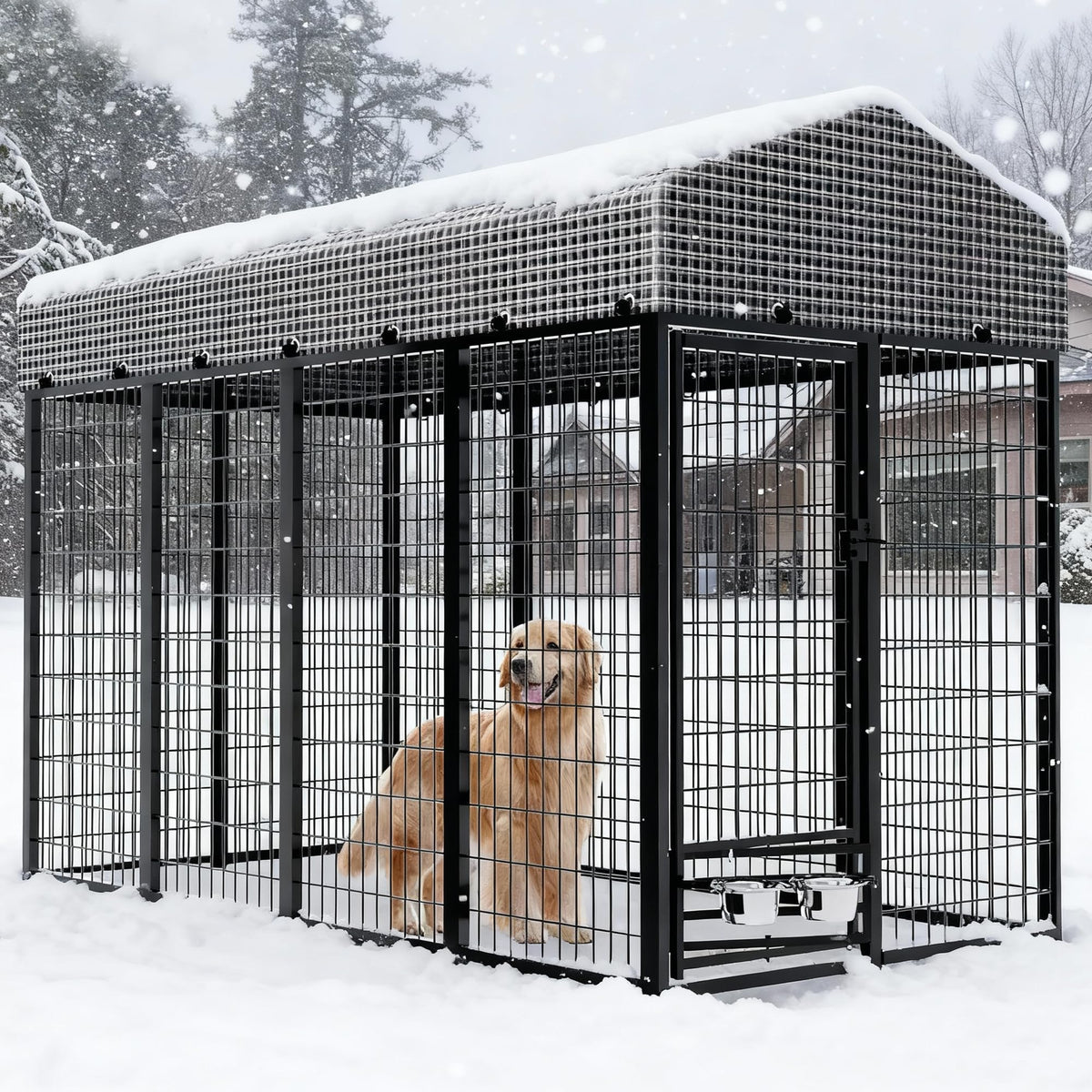 Kicari Large Dog Kennel Outside with Roof, Heavy-Duty Indoor Outdoor Dog Run Dog Enclosure with Removable Cover, Dog Pens Outside Playpen with Latch-Lock & Swivel Feeding Door, 4x8x6 Ft
