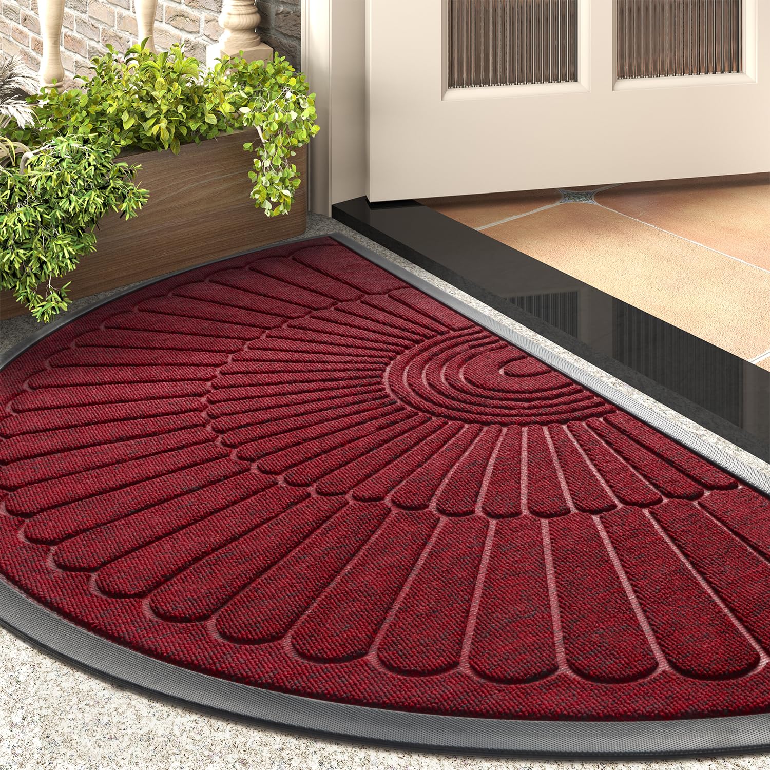 tchdio Door Mat Outdoor Indoor Entrance Doormat-Semicircular Durable Rubber Non Slip Front Door Mat for Outside Inside Entry Entryway Dirt Trapper WelcomeMat for Muddy Paws and Shoes-Red 24”x47”
