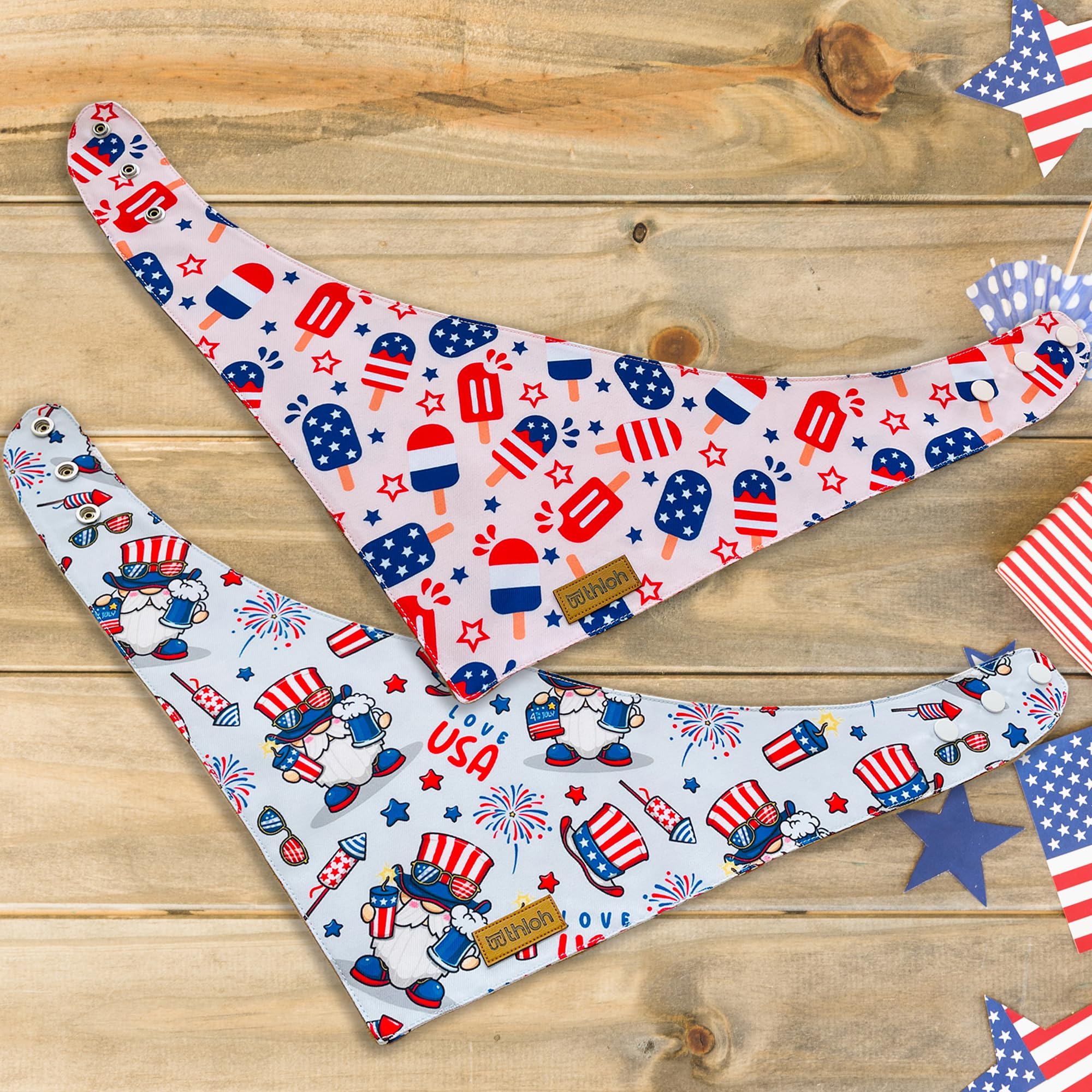 THLOH 4th of July Dog Bandanas with Snap Button, 2 Pack American Flag Pet Scarf for Boy & Girl, Premium Durable Fabric, Adjustable Fit, Patriotic Bandana for Large and Extra Large Dogs (X-Large)