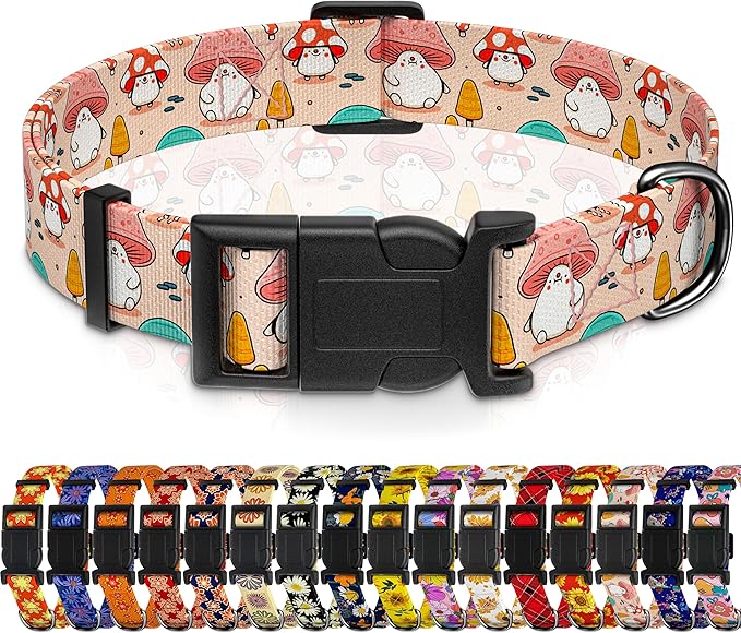 Seyezo Dog Collar, Cute Cartoon Mushroom Boys Girls Puppy Collar for Small Medium Large Dogs, Adjustable Soft Pet Collar with Safety Buckle for Male Females(Pink Mushroom,S)