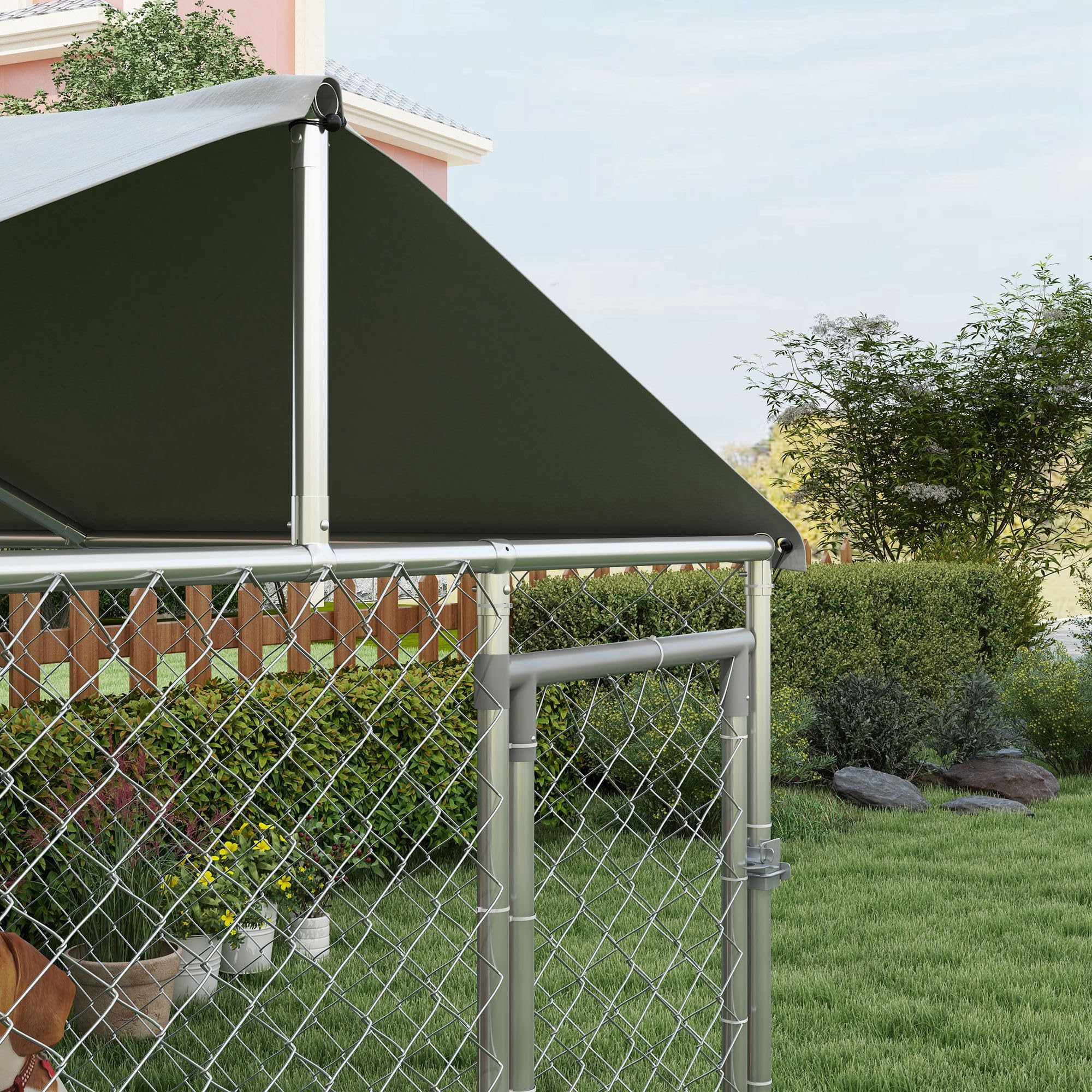 PawHut Outdoor Dog Kennel, Heavy Duty Dog Run Outdoor Fence with Waterproof Cover, Galvanized Chain Link, Secure Lock, for Large Breeds, Chickens, Ducks, 6.5' x 6.5' x 5'