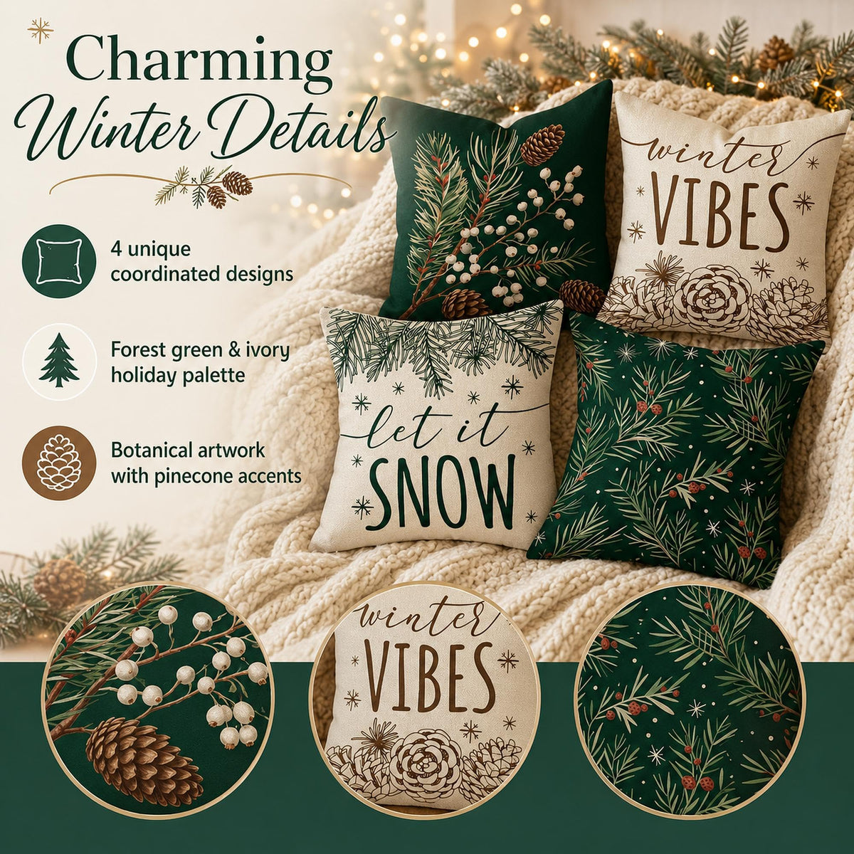 Fahrendom Winter Vibes Green Decorative Throw Pillow Covers