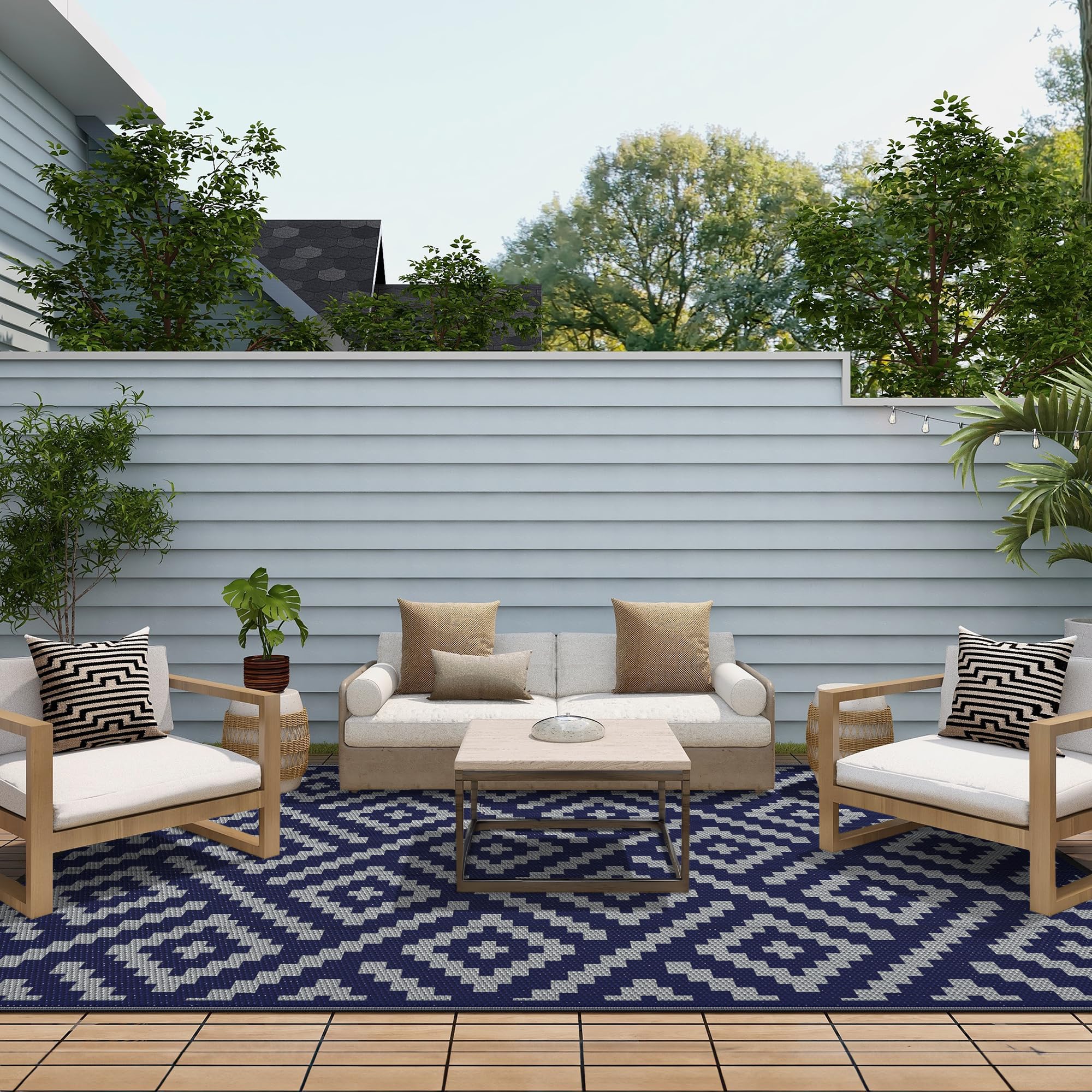 GENIMO Outdoor Rug, Waterproof Plastic Rugs for Patio, 6'x9' Blue Grey