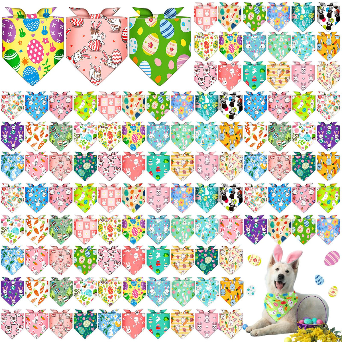 Sanwuta 120 Pcs Easter Dog Bandanas Bulk Rabbits Patterns Bandanas for Dogs Easter Eggs Adjustable Washable Pet Triangle Scarf for Small and Medium Dogs, 30 Styles