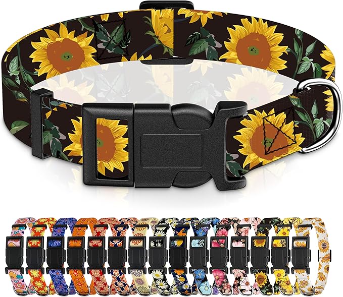 Seyezo Dog Collar for Boys Girls, Sunflower Puppy Collar for Small Medium Large Dogs, Adjustable Soft Floral Pet Collar with Safety Buckle for Male Females(Black Sunflower,M)
