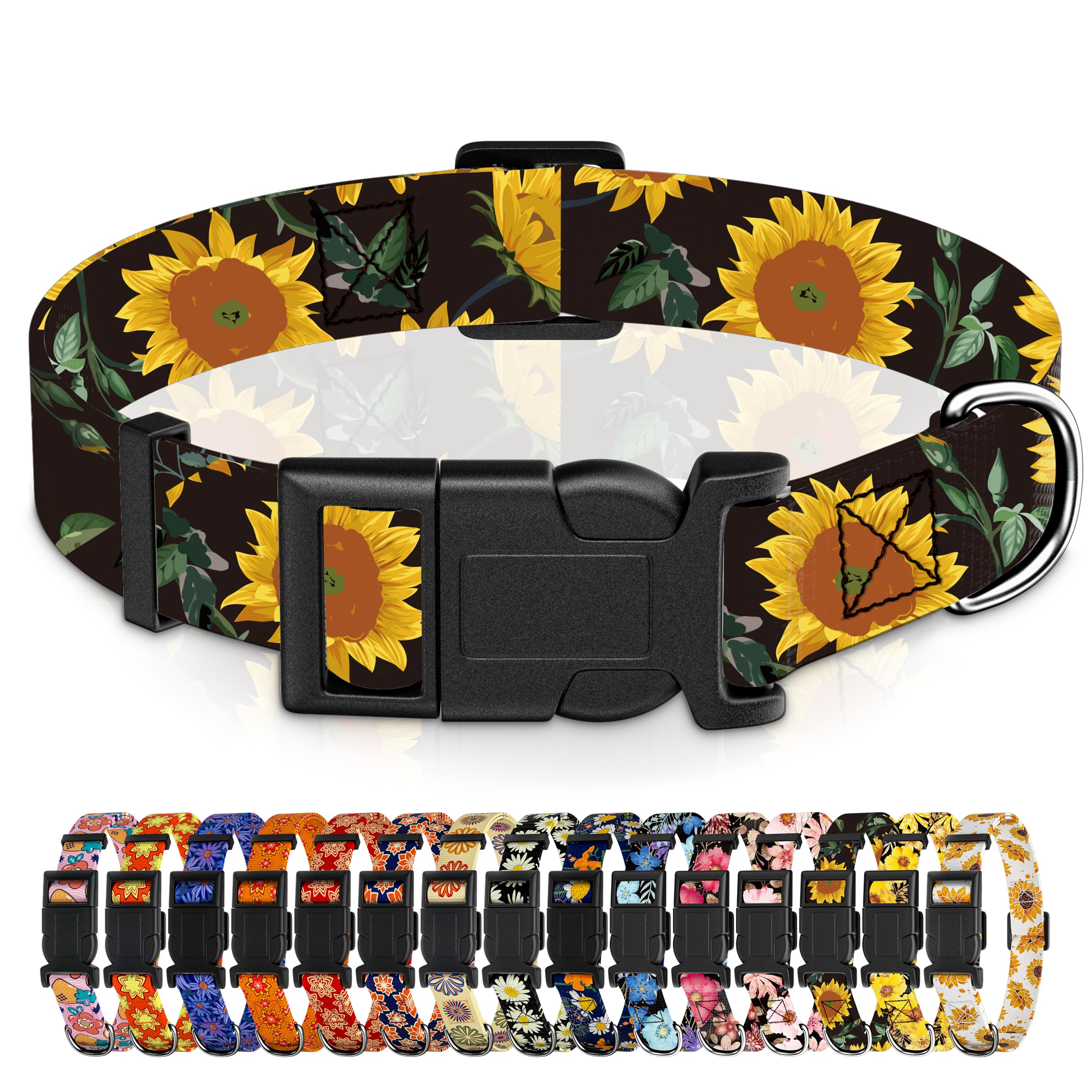 Seyezo Dog Collar for Boys Girls, Sunflower Puppy Collar for Small Medium Large Dogs, Adjustable Soft Floral Pet Collar with Safety Buckle for Male Females(Black Sunflower,L)