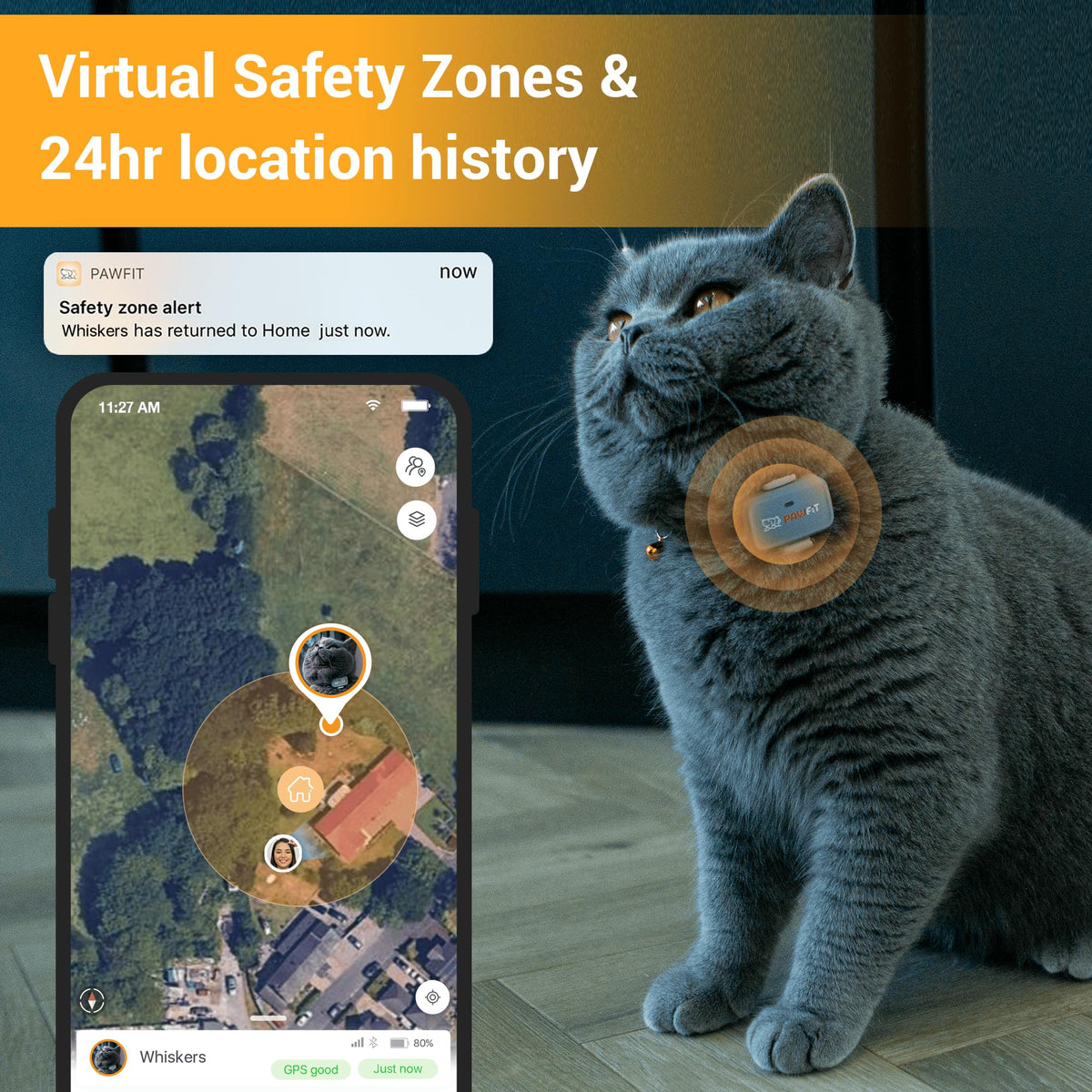 Pawfit Lite 4G GPS Cat Tracker, Live Tracking, Ultra-Light, Charcoal Grey