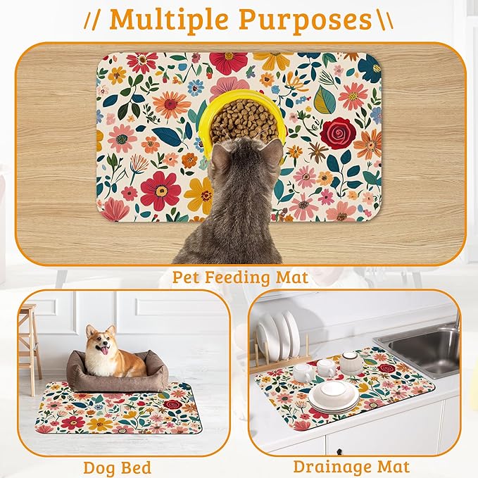 Colorful Flower Feeding Mat,Groovy Wildflowers Absorbent Quick-Dry Cat Dog Food and Water Bowl Mats,Non-Slip Rubber Backing Mat,Cat Dog Accessories Supplies 16" x 24"