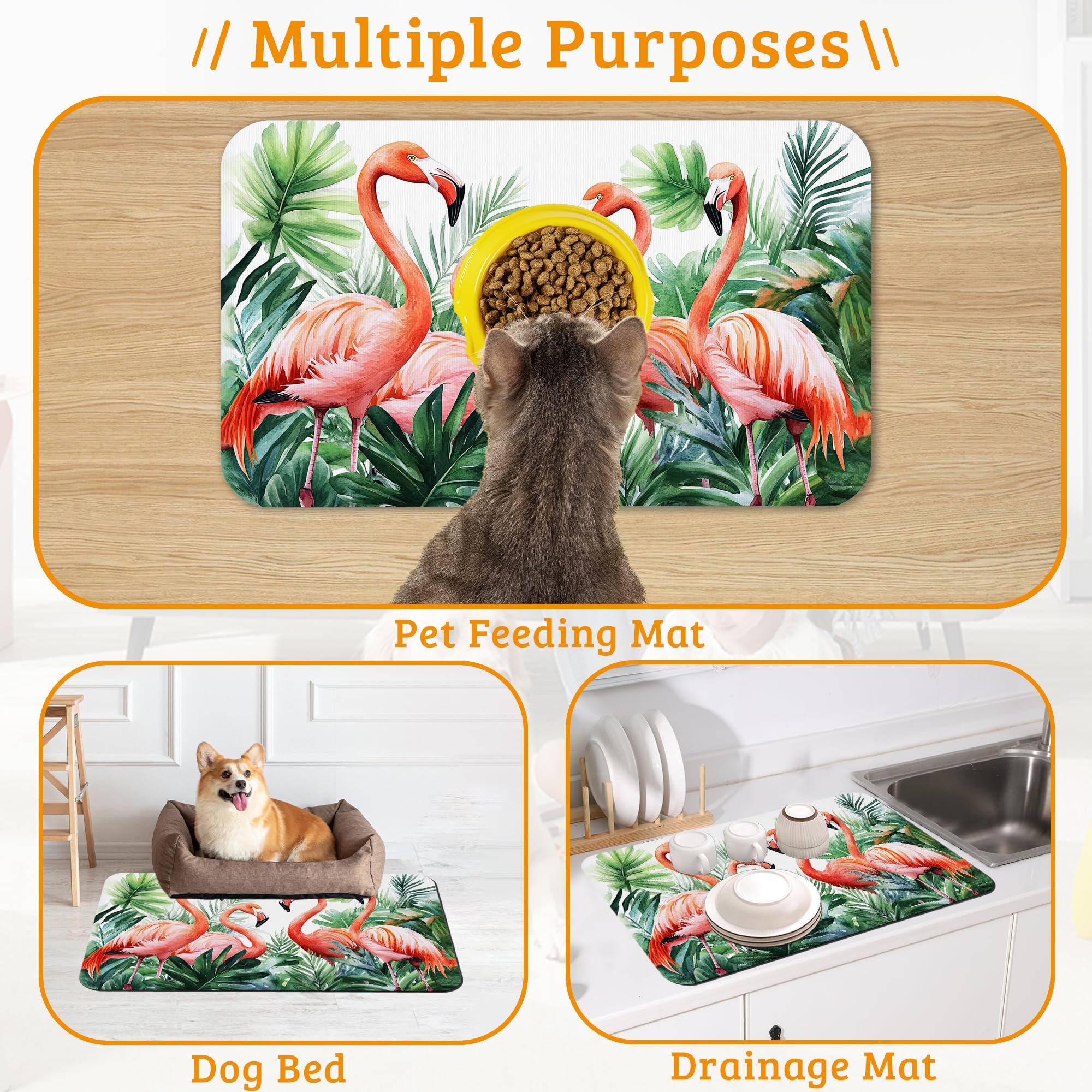 Pink Flamingo Dog Food Mat,Plam Leaves Absorbent Pet Feeding Mat for Food and Water Bowl,Quick Dry Dog Placemat Non Slip Rubber Backing Waterproof Pet Supplies 16" x 24"