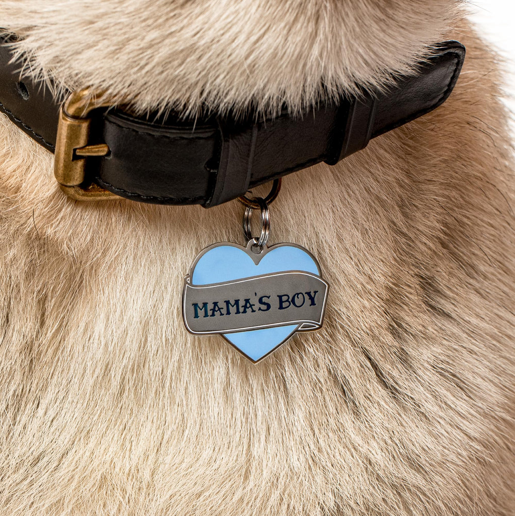 Two Tails Mama's Boy Personalized Dog ID Tag, Engraved, Silver Plating