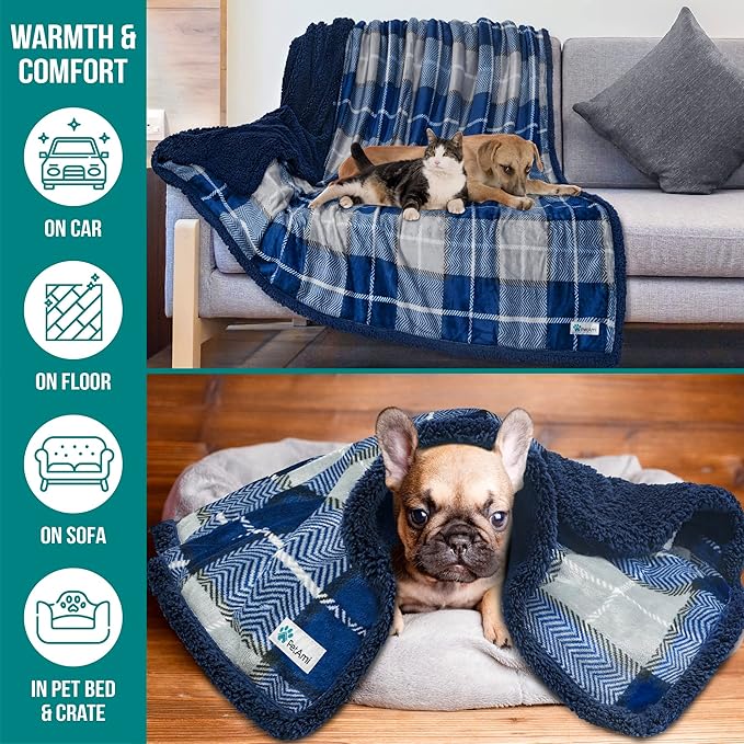 PetAmi Dog Blanket for Medium Small Pet Cat Puppie, 60x40, Plaid Navy Blue