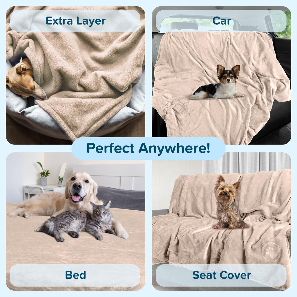 Waterproof Pet Blanket - 30x40-Inch Reversible Sherpa Fleece Throw Protects Couches, Cars, and Beds from Spills, Stains, and Fur by PETMAKER (Tan)