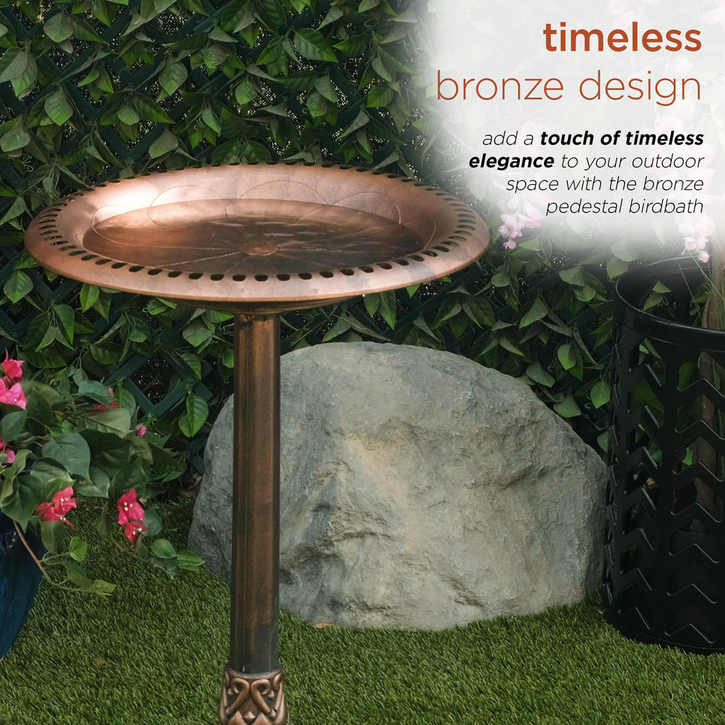 Alpine Corporation | 28" Bronze Outdoor Pedestal Birdbath with Scrollwork Base and Ground Stakes — Elegant Garden Décor, Durable Weather-Resistant Design for Lawn, Patio, or Yard