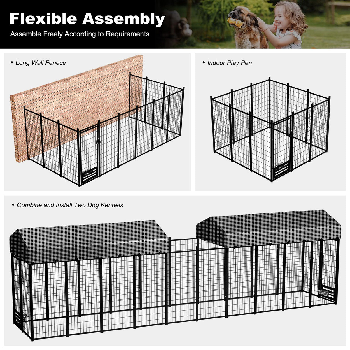 Kicari Large Dog Kennel Outside with Roof, Heavy-Duty Indoor Outdoor Dog Run Dog Enclosure with Removable Cover, Dog Pens Outside Playpen with Latch-Lock & Swivel Feeding Door, 4x8x6 Ft