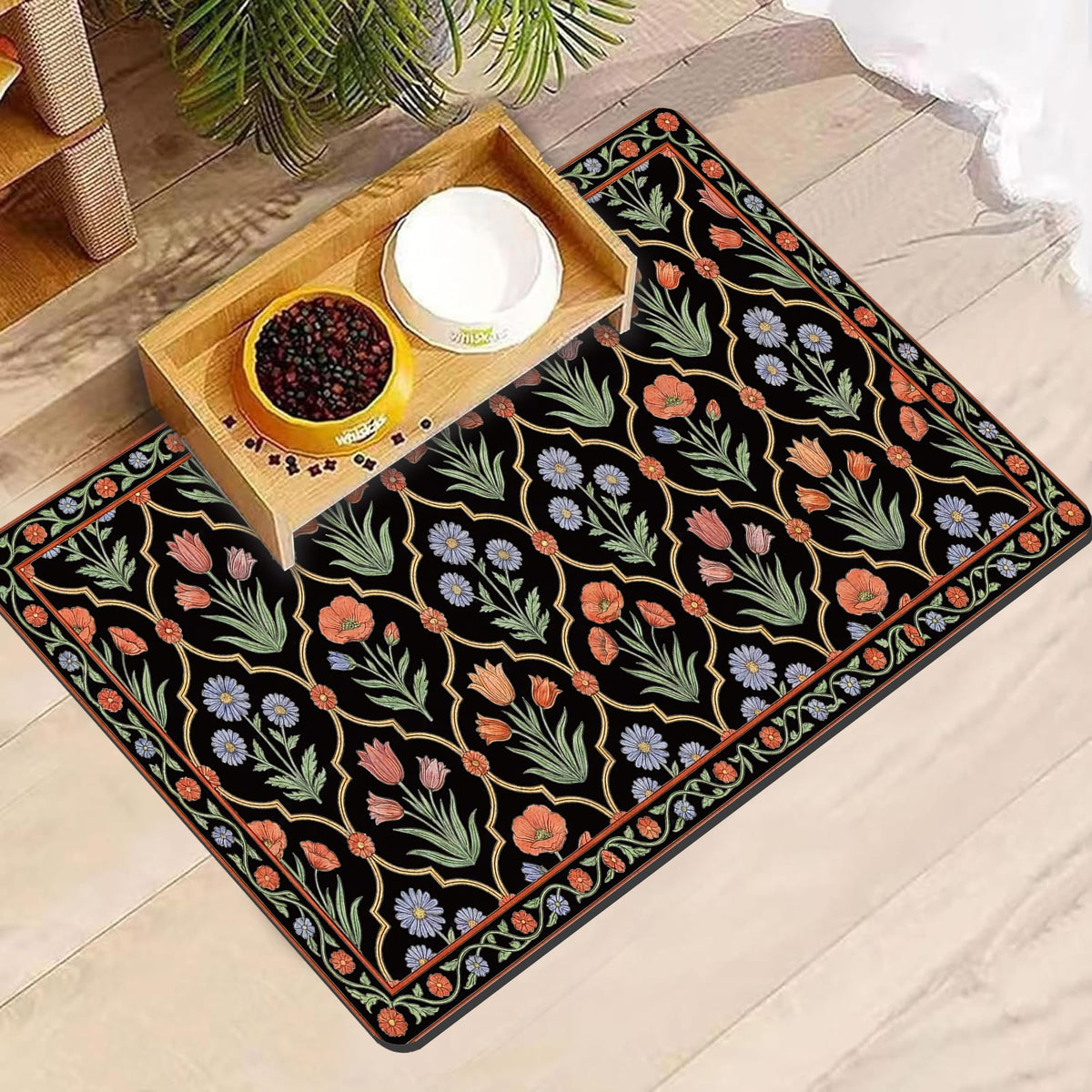 Black Floral Pet Feeding Mat, 24 x 16 Inch