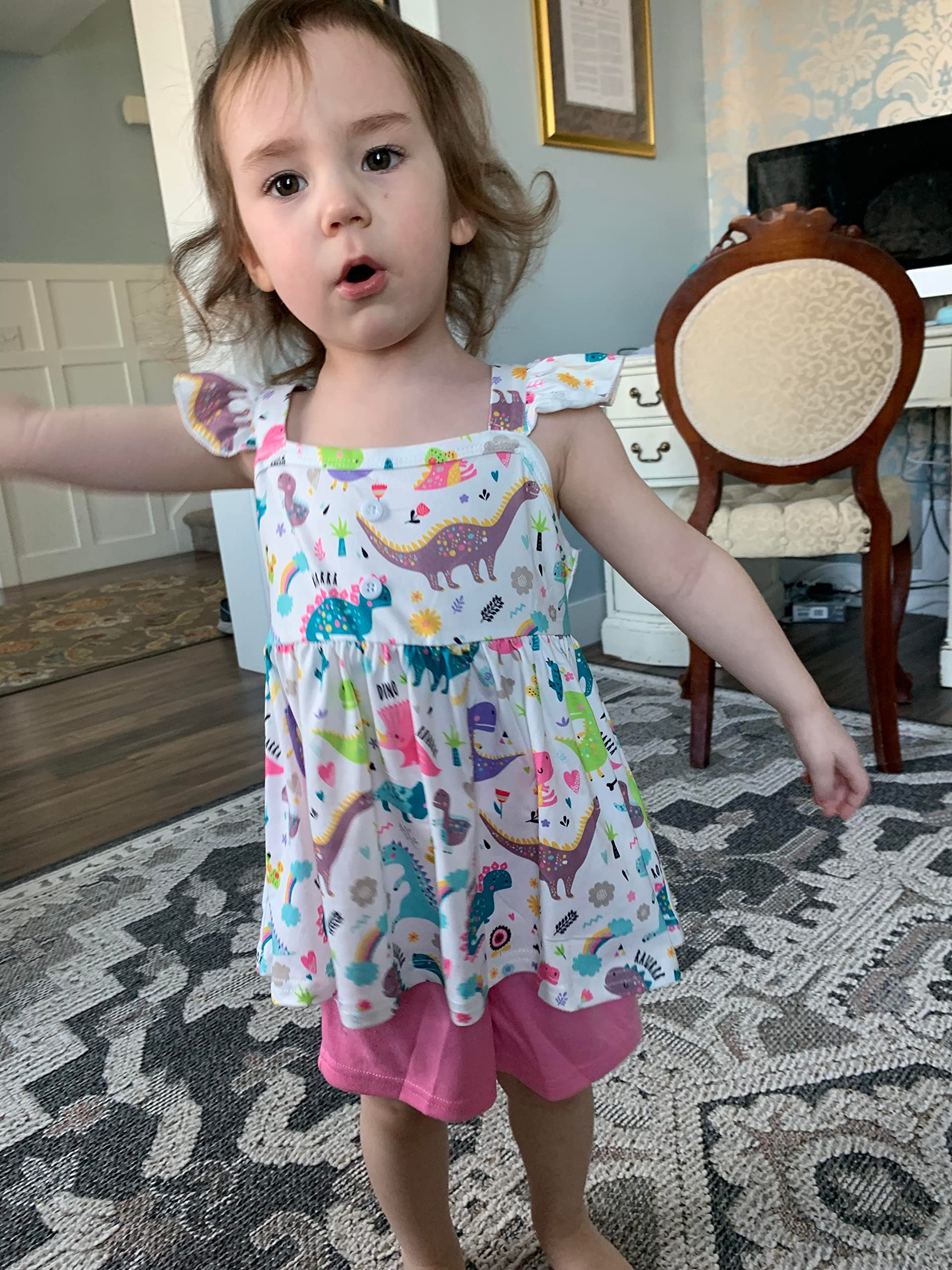 Baby Girl Summer Outfits Dinosaur Clothes Flutter Sleeve Tank Top White Shirts and Causal Shorts 2PCS Dino Clothes Set Size 3t/6652