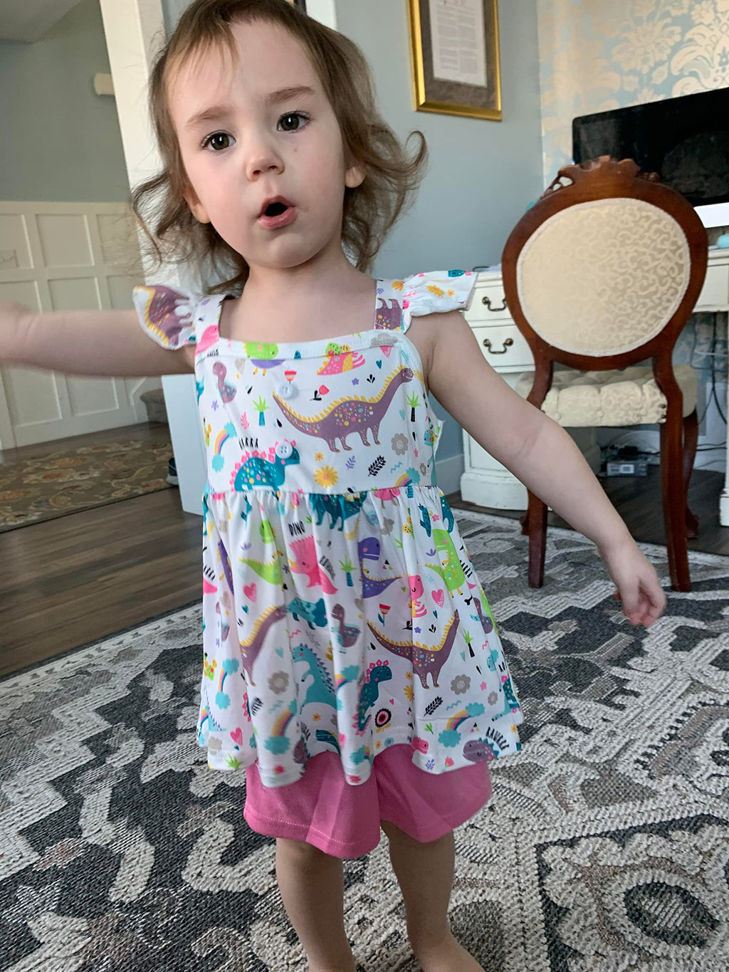 Baby Girl Summer Outfits Dinosaur Clothes Flutter Sleeve Tank Top White Shirts and Causal Shorts 2PCS Dino Clothes Set Size 8t/6652