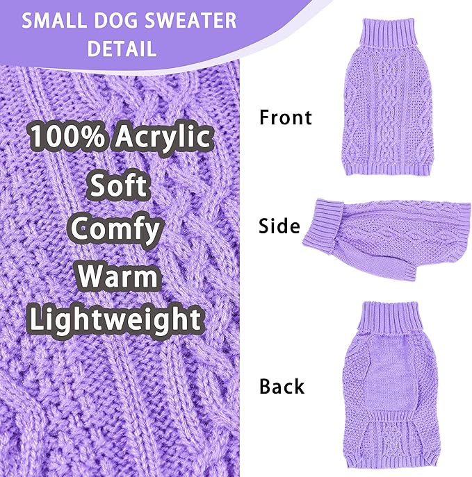 Small Dog Sweater Dog Clothes for Small Dogs Winter Puppy Clothes Warm Pet Cat Sweater Doggy Pullover Turtleneck Outfit with Twisted Design XS~XL (Purple, Medium)