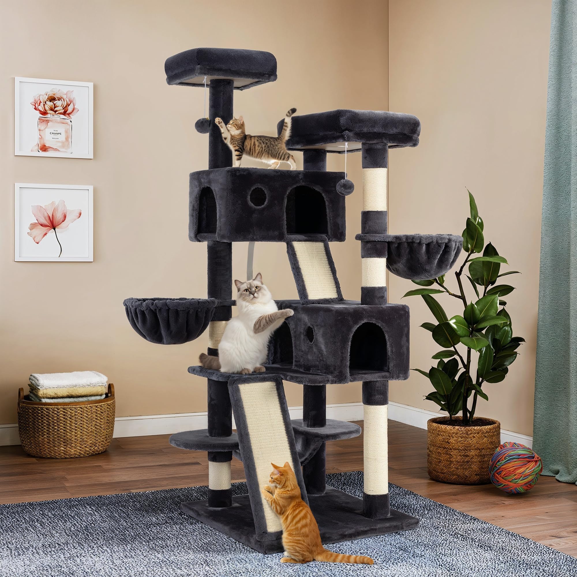 WEEWAY Cat Tree Tower for Indoor Cats,65'' Multi-Level Cat Furniture Activity Center,Stand House Condo Cave,Sisal Scratching Posts Ramps,Plush Perches Platforms Basket Hammock, Dark Grey