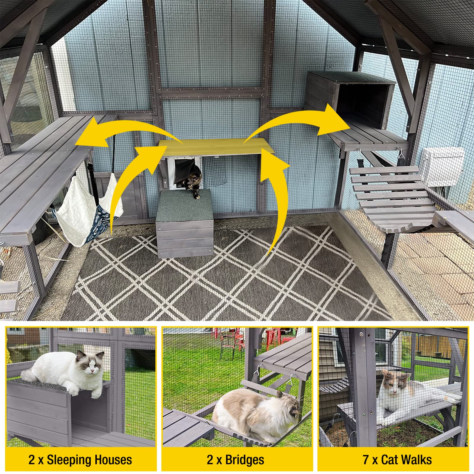 Aivituvin Extra Large Catio Outdoor Cat Enclosure Window Design for 10-20 Cats, 70"H Walk-In Patio Cat House with 4 Access Doors, Waterproof Roof, Spacious Kitty Cage for Multiple Indoor Outdoor Cats