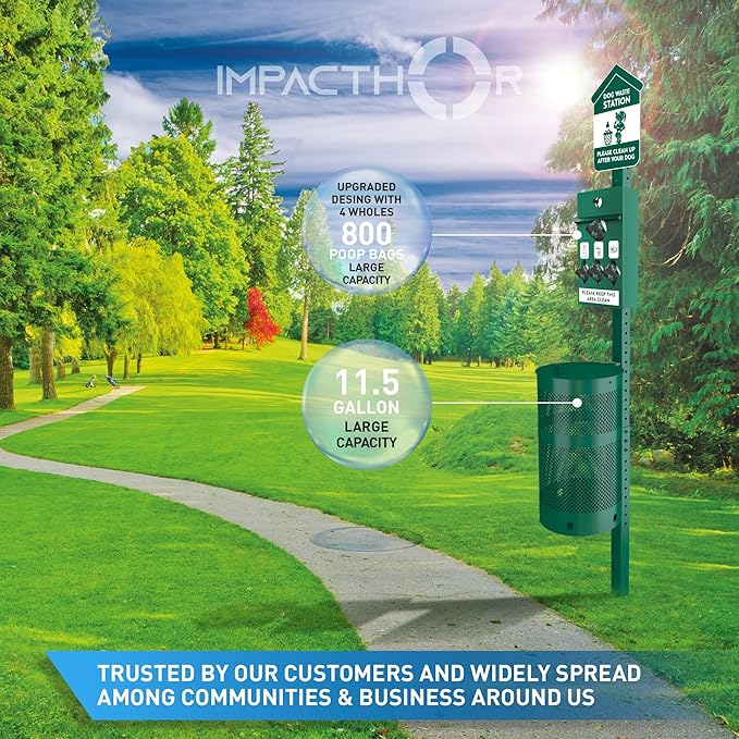 IMPACTHOR Dog Waste Station Outdoor Pet Waste Station- Desing With 4 Holes And 800 Dog Poop Bags, 50 Waste Can Liners, 3 Poop Bag Holders & 2 Set Of Keys, For Commercial Use, Parks, Condos & HOA