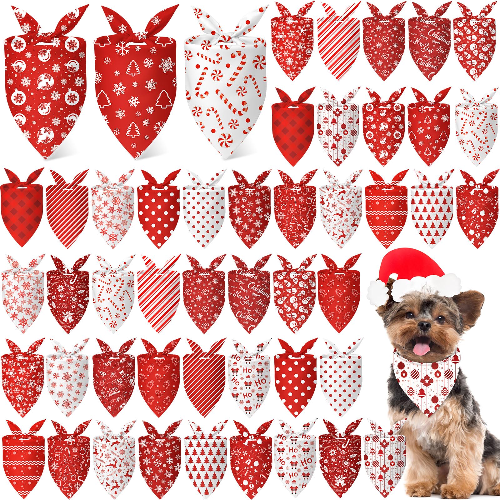 Abbylike 50 Pcs Valentines Day Dog Bandanas Bulk Red and White Polka Dots Stripes Bandanas for Dogs Triangle Kerchief Bibs Scarf for Pet Romantic Costume Photo Props Accessories(19.7 x 13.8 x 13.8)