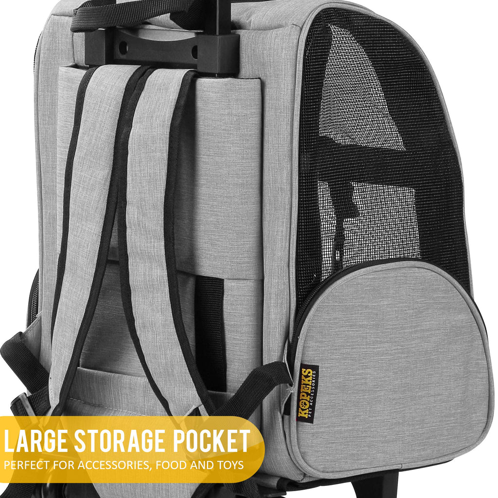 KOPEKS Deluxe Backpack Pet Travel Carrier with Double Wheels for Pets up to 18 Pounds - Grey