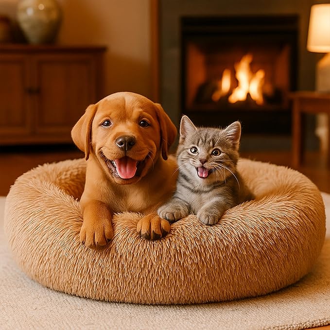 Calming Dog Bed - Fluffy Donut Cuddler for Anxiety Relief, Orthopedic Pet Bed with Non-Slip Bottom, Cozy Round Faux Fur Nest for Dogs and Cats, Plush Crate Mat for Comfort (Camel, Small +)