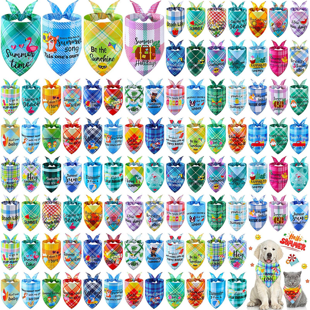 Sweetude 100 Pcs Summer Plaid Dog Bandana Bulk with Sayings Hawaii Bandana Pet Scarf Triangle Bibs Washable Puppy Kerchief Adjustable Grooming Supplies for Small Medium Large Dog Cat Accessories