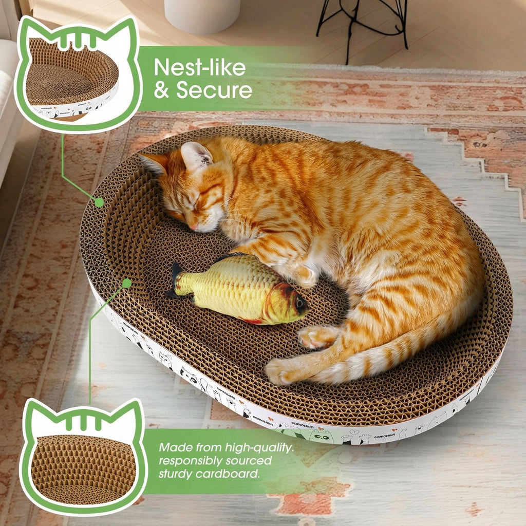 All-in-One Cardboard Cat Scratchers for Indoor Cats, Oval Cat Scratch Box & Lounger Beds Kitten Loves, Durable Cat Scratching Pads + Bonus Toys Couch Cat Scratch Protector