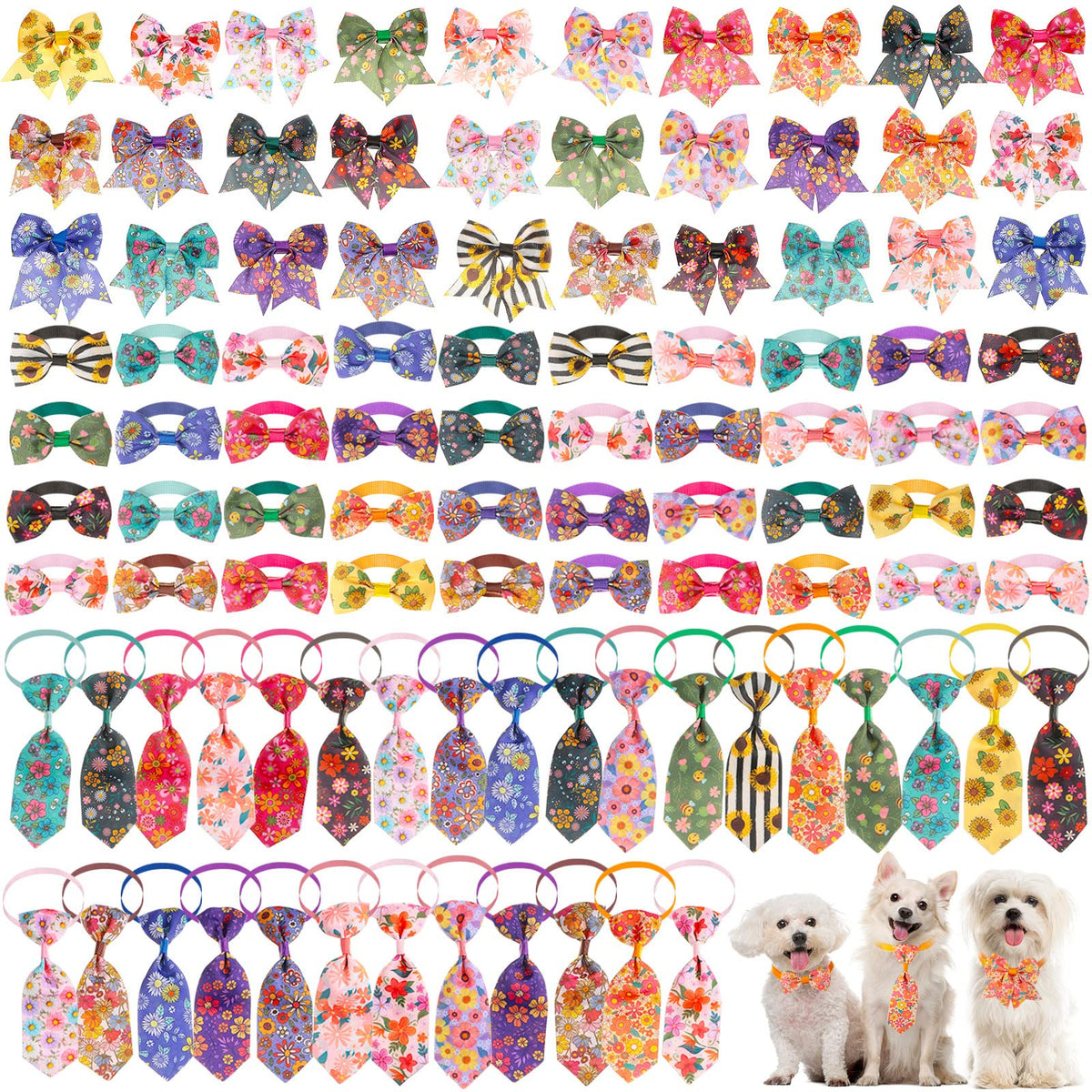 100 Pieces Adjustable Dog Bow Tie Collar Set, Flamingo
