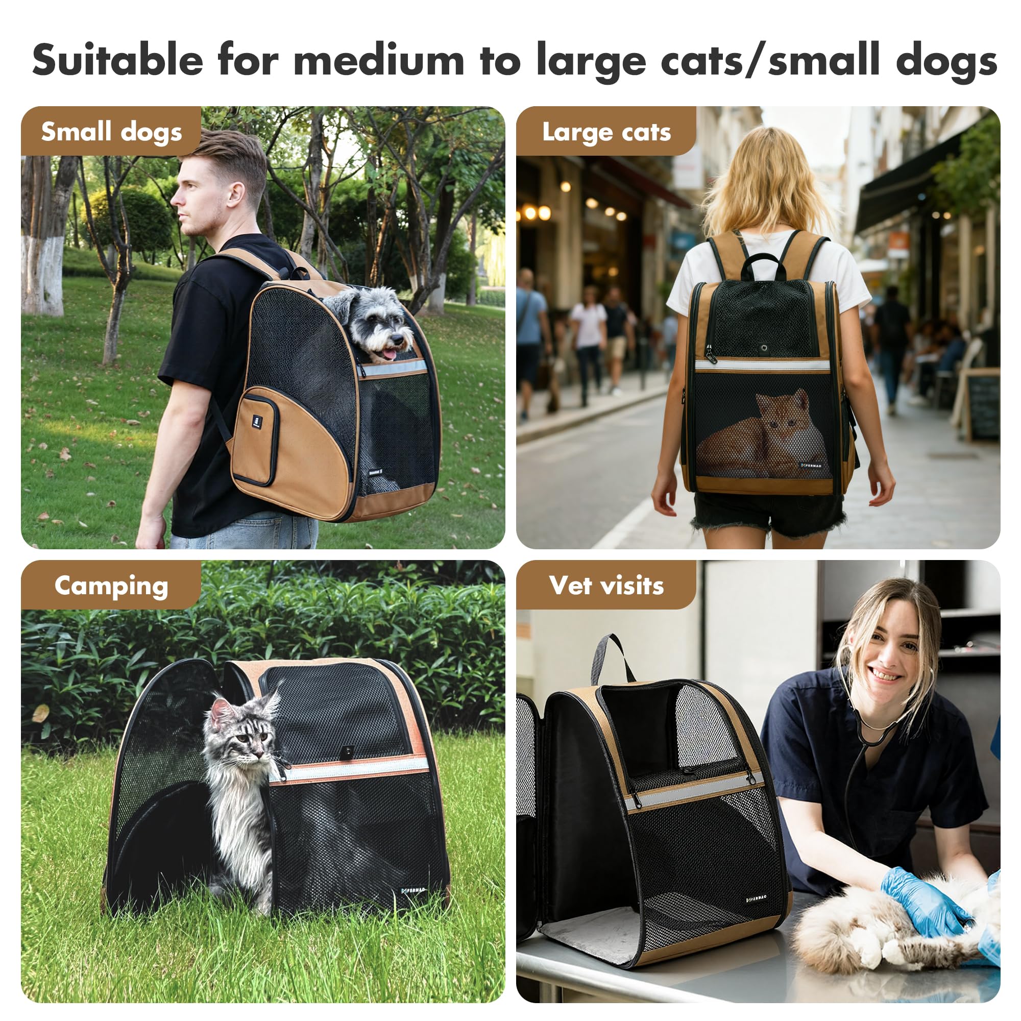 FERMAO Pet Backpack Carrier, Large Cat Carrier Backpack Up to 20 Lbs with Breathable Mesh, for Medium Large Cats or Small Dogs, Travel Hiking Camping Backpack (Brown-XL)