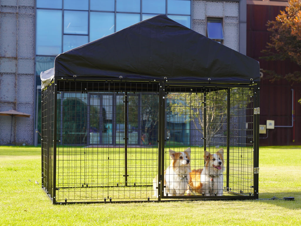Petony Large Outdoor Dog Enclosure,Heavy Duty Dog Cage with Roof,Galvanized Steel Dog Kennel Fence with Double Safety Locks(79”W x 79”D)